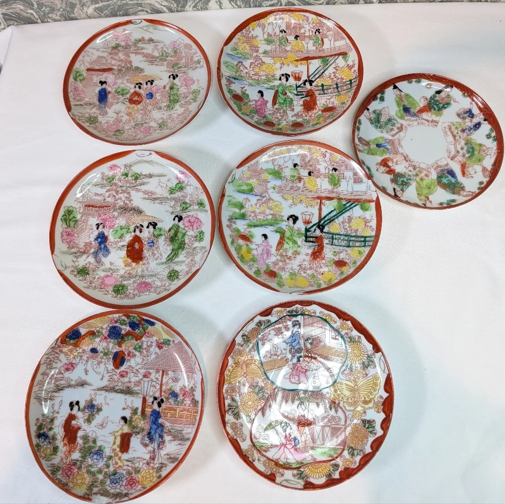 Vintage Japanese Kutani Porcelain Hand Painted Plates Set Of 7